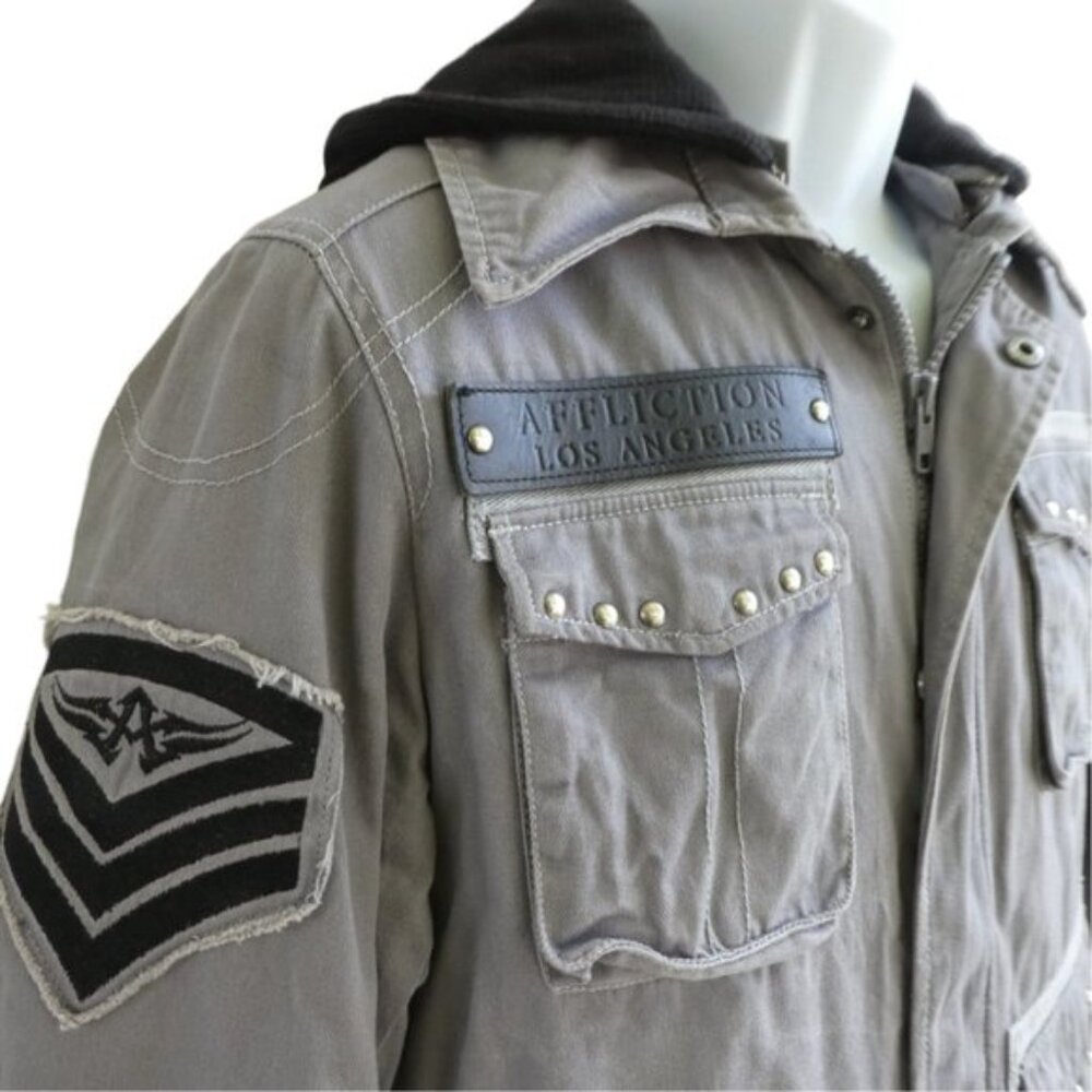Rising Phoenix Affliction Jacket Gray Canvas Black Fur Lined Thermal Hoodie